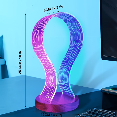 Gamers and Music Lovers, Light Up Headphone Stand, Wood Headset Holder with Blue Pink LED Night Light, Ideal Desk Accessory