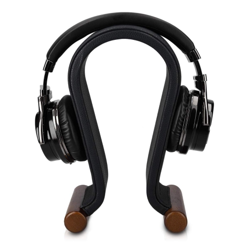 Headphone Stand - Synthetic Leather Headset Hanger with Wood Base - Holder for Wired, Wireless, Gaming, DJ, Studio Headphones - Black