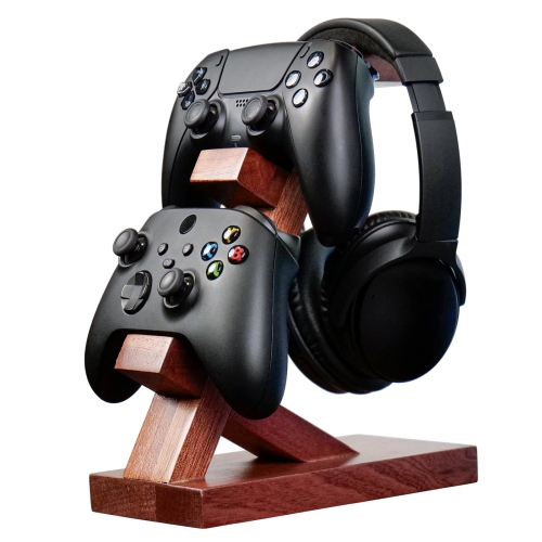 2 in 1 Wooden Controller Holder Compatible with Xbox Series PS5 PC STEAM Switch, Quality Pine Wood Headphone Stand Display Headset Holder for
