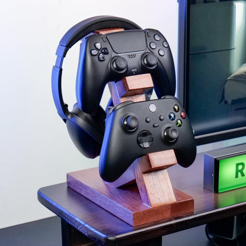 2 in 1 Wooden Controller Holder Compatible with Xbox Series PS5 PC STEAM Switch, Quality Pine Wood Headphone Stand Display Headset Holder for