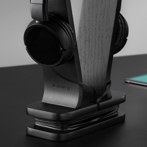 Wood Headphone Stand - Wooden Universal Holder Display Hanger for Over-Ear Headphones w/Wire Storage - Audio Equipment Accessories - Black