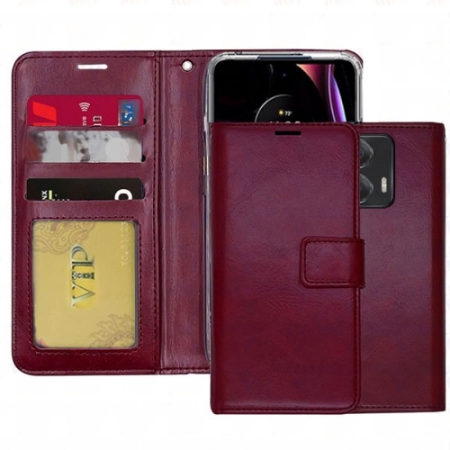[CS] Magnetic Card Slot Leather Folio Wallet Flip Case Cover for Motorola Moto G Power 2024, Wine