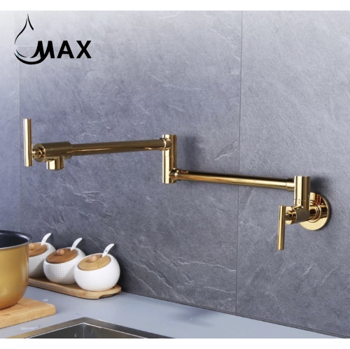 MAX Faucets | Pot Filler Faucet Double Handle Commercial Wall Mounted 26" With Accessories Shiny Gold Finish