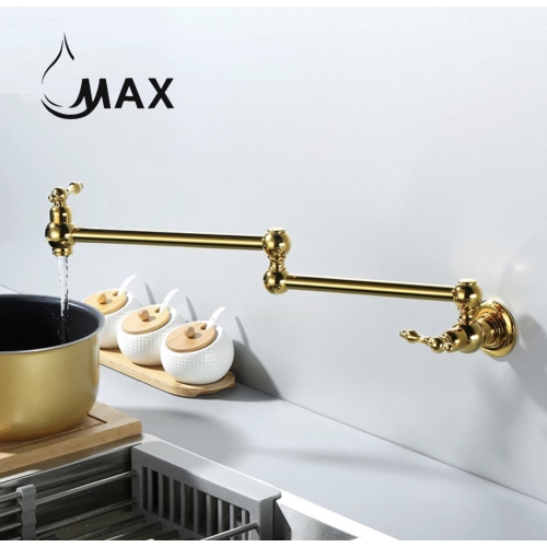 MAX Faucets | Pot Filler Faucet Double Handle Traditional Wall Mounted With Accessories 22" Shiny Gold Finish
