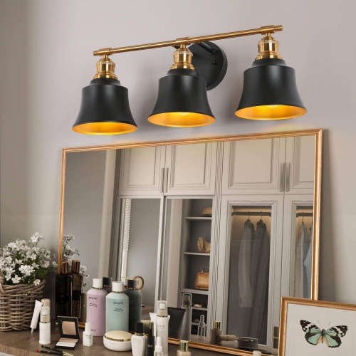 UOLFIN  Modern Bathroom Vanity Light, 22 In. 3-Light Farmhouse Gold Bell Wall Sconce Light In Black