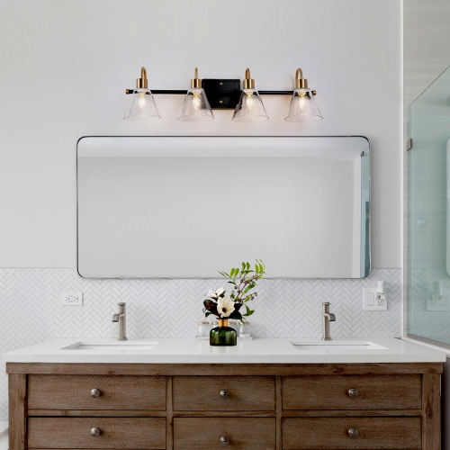 Modern Bathroom Bell Vanity Light 4-Light Black and Brass Powder Room Round Wall Light with Seeded Glass Shades