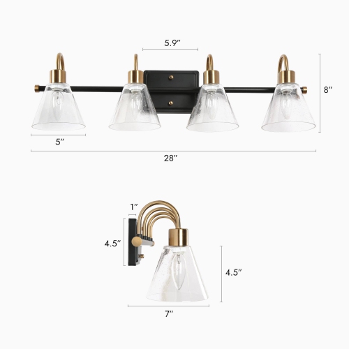 Modern Bathroom Bell Vanity Light 4-Light Black and Brass Powder Room Round Wall Light with Seeded Glass Shades