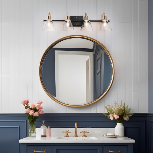 Modern Bathroom Bell Vanity Light 4-Light Black and Brass Powder Room Round Wall Light with Seeded Glass Shades