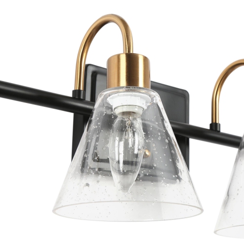 Modern Bathroom Bell Vanity Light 4-Light Black and Brass Powder Room Round Wall Light with Seeded Glass Shades