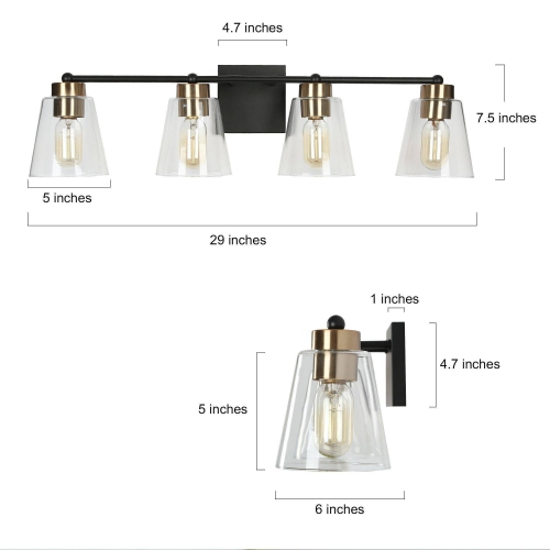 Modern Bell Bathroom Vanity Light 4-Light Black and Brass Wall Sconce Light With Clear Glass Shades