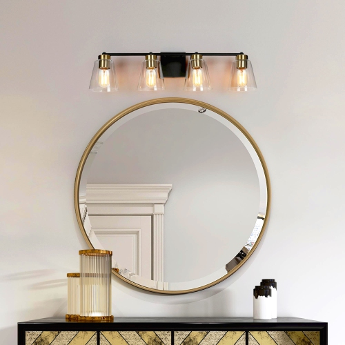 Modern Bell Bathroom Vanity Light 4-Light Black and Brass Wall Sconce Light With Clear Glass Shades