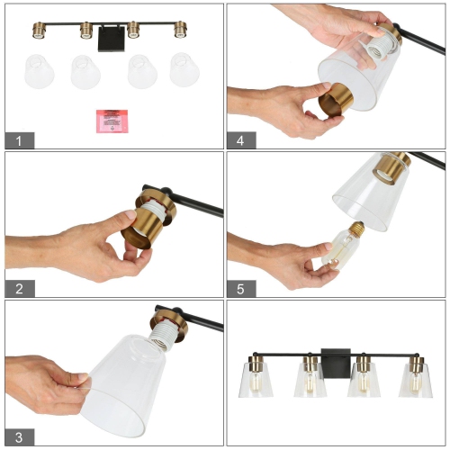 Modern Bell Bathroom Vanity Light 4-Light Black and Brass Wall Sconce Light With Clear Glass Shades