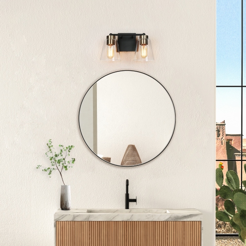 Modern Bell Bathroom Vanity Light 2-Light Black and Brass Wall Sconce Light with Clear Glass Shades