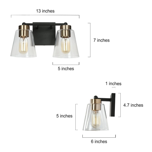 Modern Bell Bathroom Vanity Light 2-Light Black and Brass Wall Sconce Light with Clear Glass Shades
