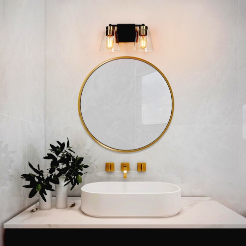 Modern Bell Bathroom Vanity Light 2-Light Black and Brass Wall Sconce Light with Clear Glass Shades