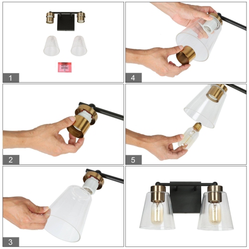 Modern Bell Bathroom Vanity Light 2-Light Black and Brass Wall Sconce Light with Clear Glass Shades