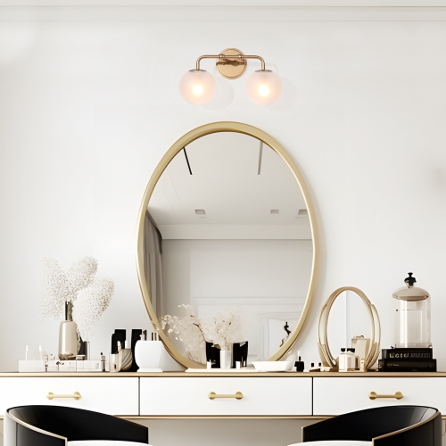 Mid-Century Modern Globe Bathroom Wall Sconce 2-Light Brass Gold Round Coastal Wall Light with Frosted Glass Shades