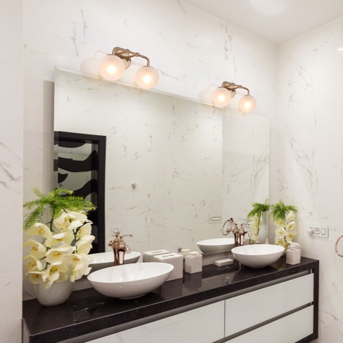 Mid-Century Modern Globe Bathroom Wall Sconce 2-Light Brass Gold Round Coastal Wall Light with Frosted Glass Shades