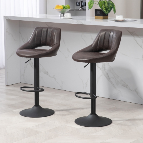 HOMCOM Bar Stools Set of 2, Swivel Counter Height Barstools with Adjustable Height, Faux Leather Upholstered Bar Chairs with Round Metal Base and