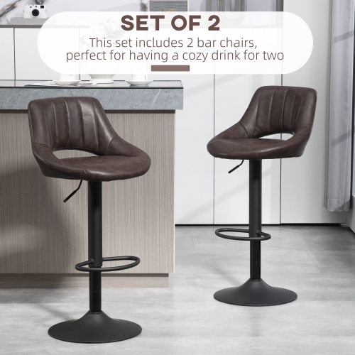 HOMCOM Bar Stools Set of 2, Swivel Counter Height Barstools with Adjustable Height, Faux Leather Upholstered Bar Chairs with Round Metal Base and