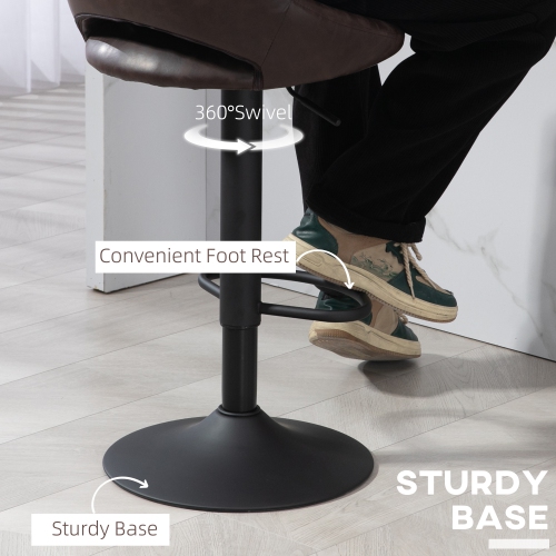 HOMCOM Bar Stools Set of 2, Swivel Counter Height Barstools with Adjustable Height, Faux Leather Upholstered Bar Chairs with Round Metal Base and