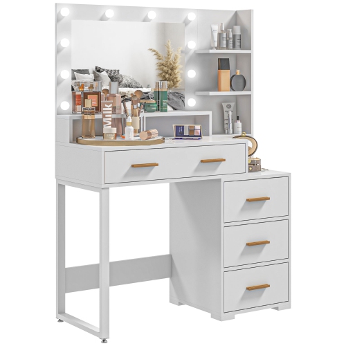 HOMCOM – coiffeuse avec miroir à DEL lumineux, bureau de maquillage à 4 tiroirs, coiffeuse avec tablettes de rangement, blanc