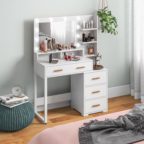 HOMCOM – coiffeuse avec miroir à DEL lumineux, bureau de maquillage à 4 tiroirs, coiffeuse avec tablettes de rangement, blanc