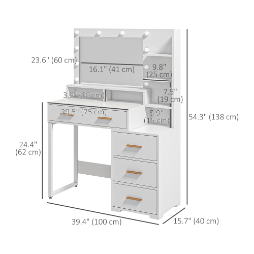 HOMCOM – coiffeuse avec miroir à DEL lumineux, bureau de maquillage à 4 tiroirs, coiffeuse avec tablettes de rangement, blanc