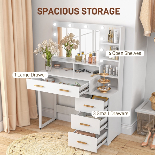 HOMCOM – coiffeuse avec miroir à DEL lumineux, bureau de maquillage à 4 tiroirs, coiffeuse avec tablettes de rangement, blanc