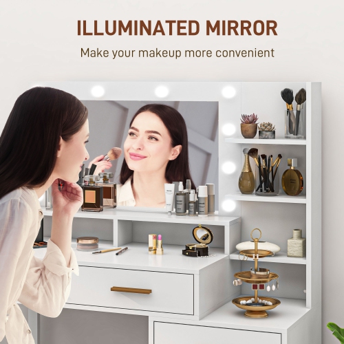 HOMCOM – coiffeuse avec miroir à DEL lumineux, bureau de maquillage à 4 tiroirs, coiffeuse avec tablettes de rangement, blanc