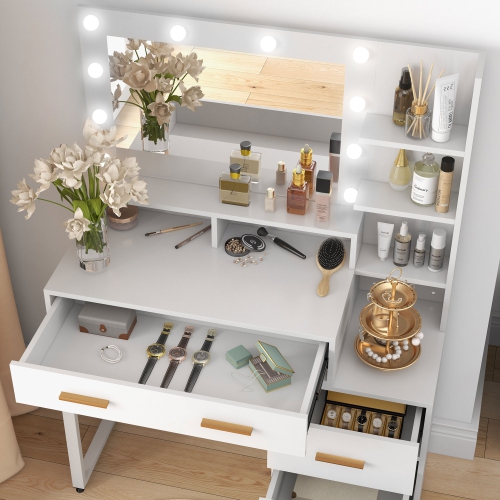 HOMCOM – coiffeuse avec miroir à DEL lumineux, bureau de maquillage à 4 tiroirs, coiffeuse avec tablettes de rangement, blanc