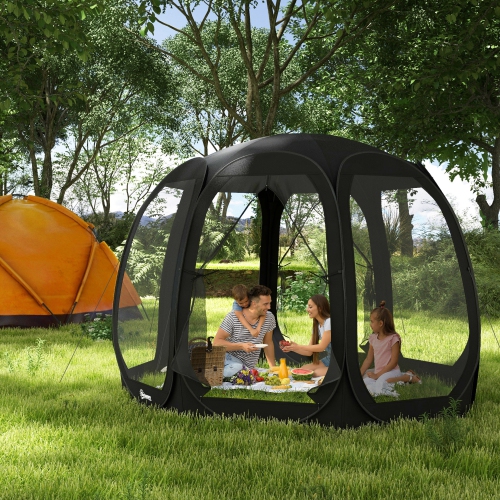 Outsunny 11' x 11.5' Screen Tent House, Pop Up Tent Gazebo with Nettings, Portable Carry Bag and 2 Doors, Black