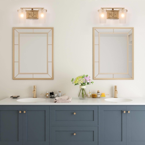 Transitional Bathroom Vanity Light, 2-Light Modern Gold Linear Bathroom Wall Sconce with Frosted Glass Shades