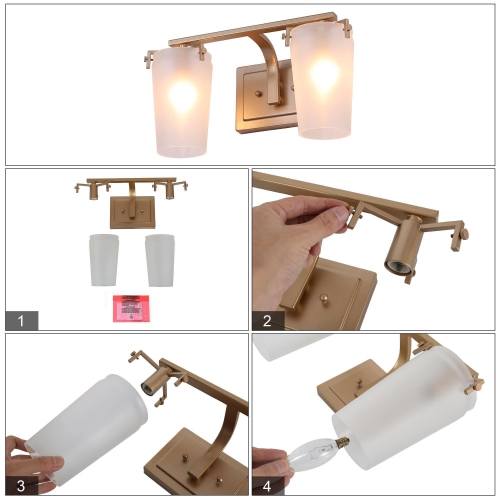 Transitional Bathroom Vanity Light, 2-Light Modern Gold Linear Bathroom Wall Sconce with Frosted Glass Shades