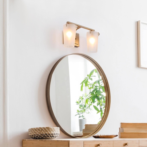 Transitional Bathroom Vanity Light, 2-Light Modern Gold Linear Bathroom Wall Sconce with Frosted Glass Shades