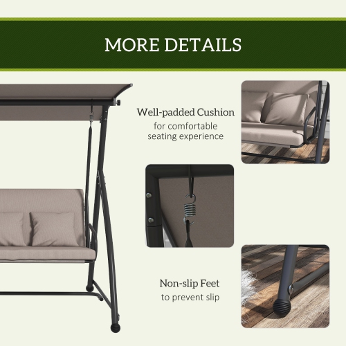 Outsunny Patio Swing Chair, 3 Person Convertible Hammock, Outdoor Swing Lounge Bed, Cushioned with Tilt Canopy, Light Brown