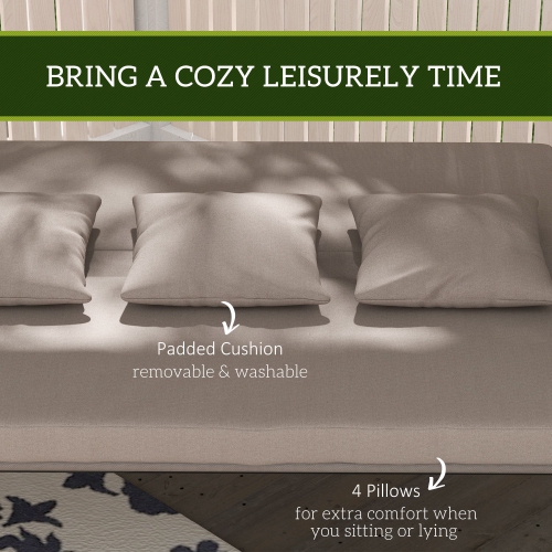 Outsunny Patio Swing Chair, 3 Person Convertible Hammock, Outdoor Swing Lounge Bed, Cushioned with Tilt Canopy, Light Brown