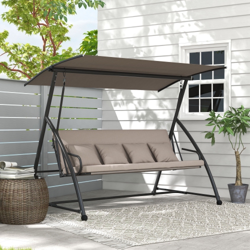 Outsunny Patio Swing Chair, 3 Person Convertible Hammock, Outdoor Swing Lounge Bed, Cushioned with Tilt Canopy, Light Brown