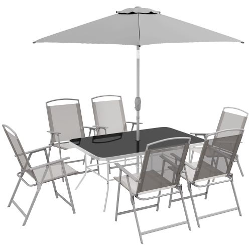 OUTSUNNY  8 Piece Patio Dining Set for 6 \w Umbrella, Outdoor Table And Chairs \w 6 Folding Chairs \w Mesh Seat And Rectangle Dining Table \w