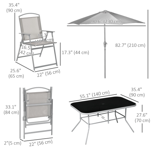 Outsunny 8 Piece Patio Dining Set for 6 with Umbrella, Outdoor Table and Chairs with 6 Folding Chairs with Mesh Seat and Rectangle Dining Table with