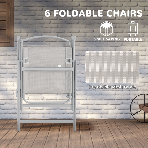 Outsunny 8 Piece Patio Dining Set for 6 with Umbrella, Outdoor Table and Chairs with 6 Folding Chairs with Mesh Seat and Rectangle Dining Table with