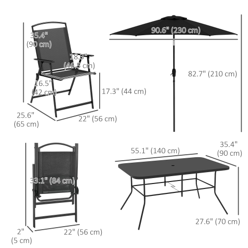 Outsunny 8 Piece Patio Dining Set for 6 with Umbrella, Outdoor Table and Chairs with 6 Folding Chairs with Mesh Seat and Rectangle Dining Table with