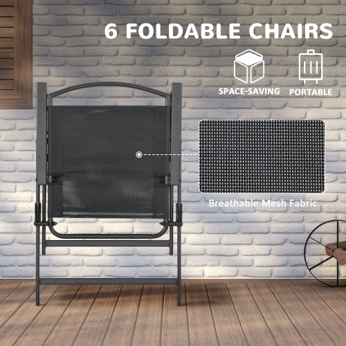 Outsunny 8 Piece Patio Dining Set for 6 with Umbrella, Outdoor Table and Chairs with 6 Folding Chairs with Mesh Seat and Rectangle Dining Table with