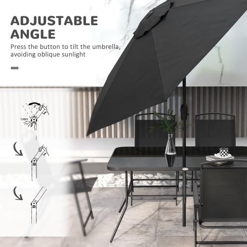 Outsunny 8 Piece Patio Dining Set for 6 with Umbrella, Outdoor Table and Chairs with 6 Folding Chairs with Mesh Seat and Rectangle Dining Table with