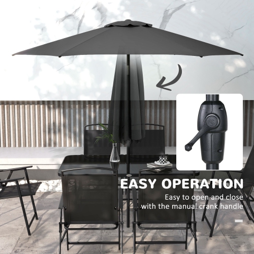 Outsunny 8 Piece Patio Dining Set for 6 with Umbrella, Outdoor Table and Chairs with 6 Folding Chairs with Mesh Seat and Rectangle Dining Table with
