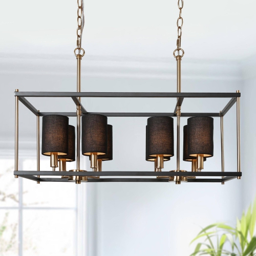 UOLFIN  Modern Dining Room Chandelier, 8-Light Brass Contemporary Island Shaded Chandelier With Fabric Shades In Black