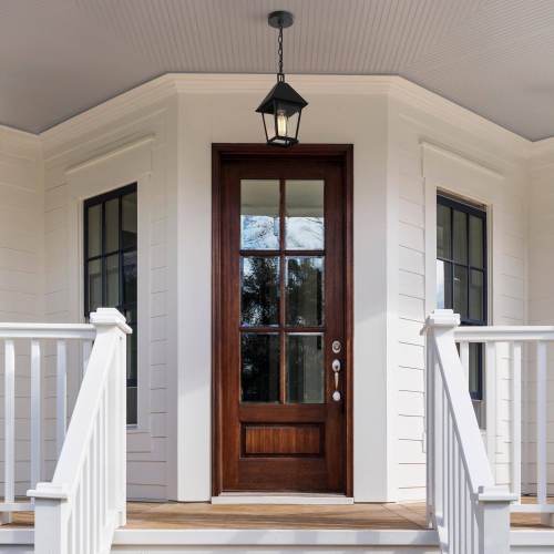 Modern Farmhouse Black Metal Outdoor Hanging Lights, 1-Light Classic Outdoor Pendant Light with Seeded Glass Shade