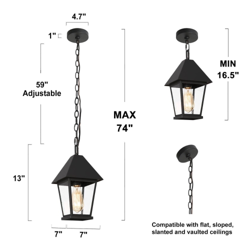 Modern Farmhouse Black Metal Outdoor Hanging Lights, 1-Light Classic Outdoor Pendant Light with Seeded Glass Shade