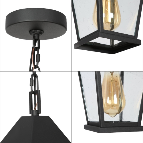Modern Farmhouse Black Metal Outdoor Hanging Lights, 1-Light Classic Outdoor Pendant Light with Seeded Glass Shade