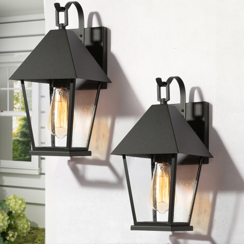 Modern Black Outdoor Pendant Light, 1-Light Outdoor Wall Lantern Sconce Light with Seeded Glass Shade
